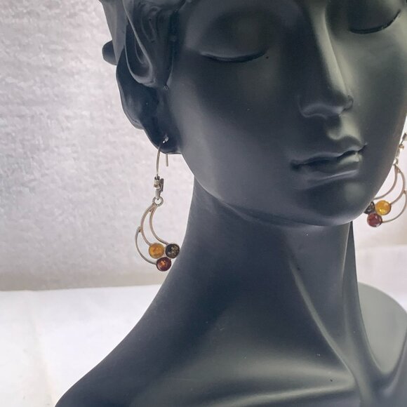 Amber Dangle Earrings With Sterling Silver Hooks & Multicolor Gemstones - Picture 7 of 8